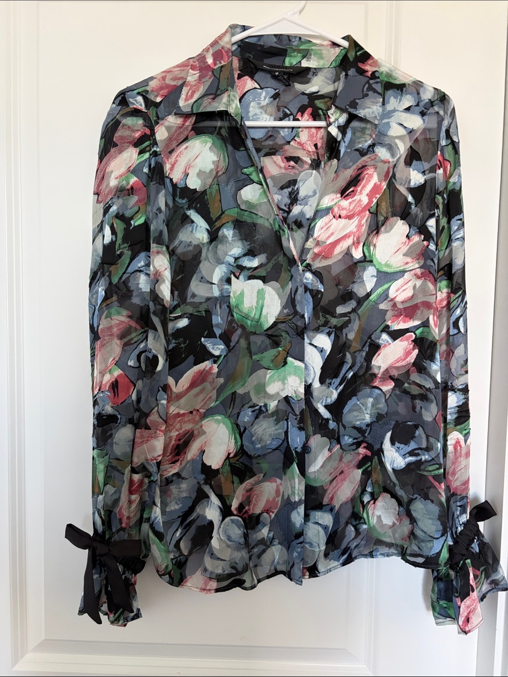 White House Black Market Black Floral Sheer Button-Down Blouse